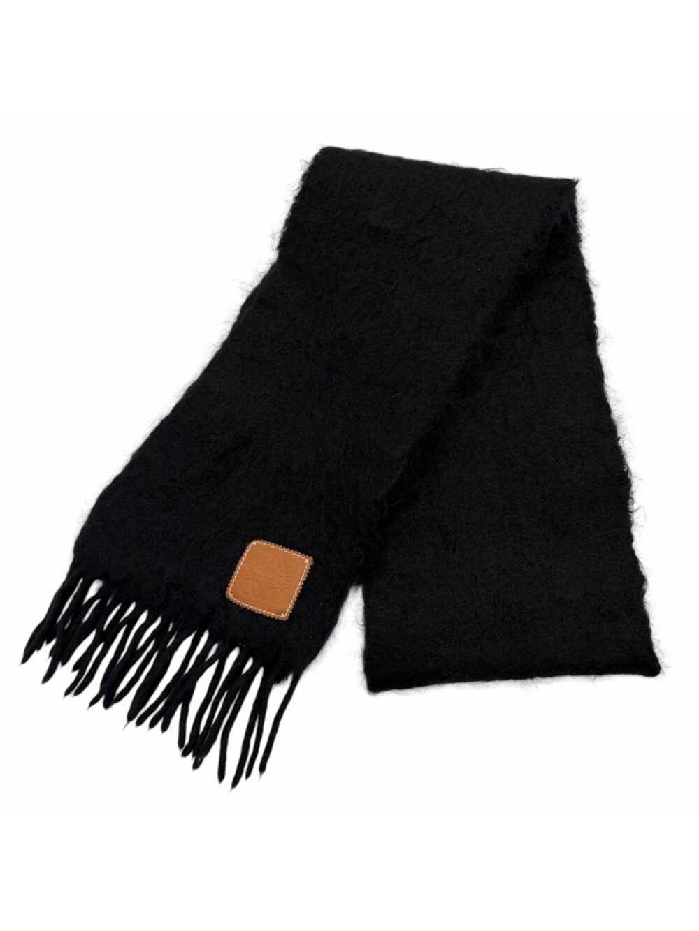 Loewe Mohair Wool Blend Leather Anagram Patch Fringe Scarf Black
